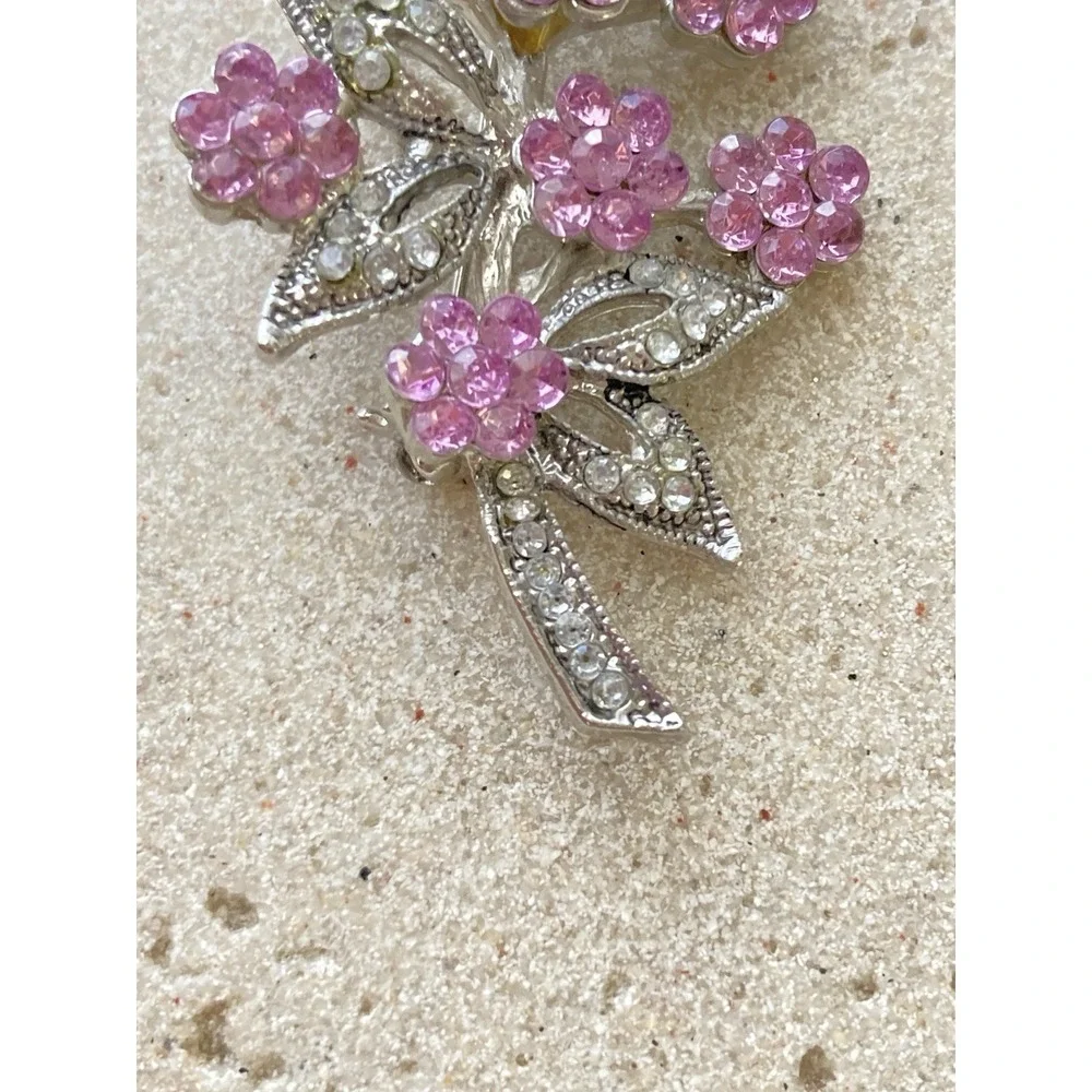 Vintage Pink‎ Rhinestone Flower Spray Brooch Silver Tone Floral Spring Romantic